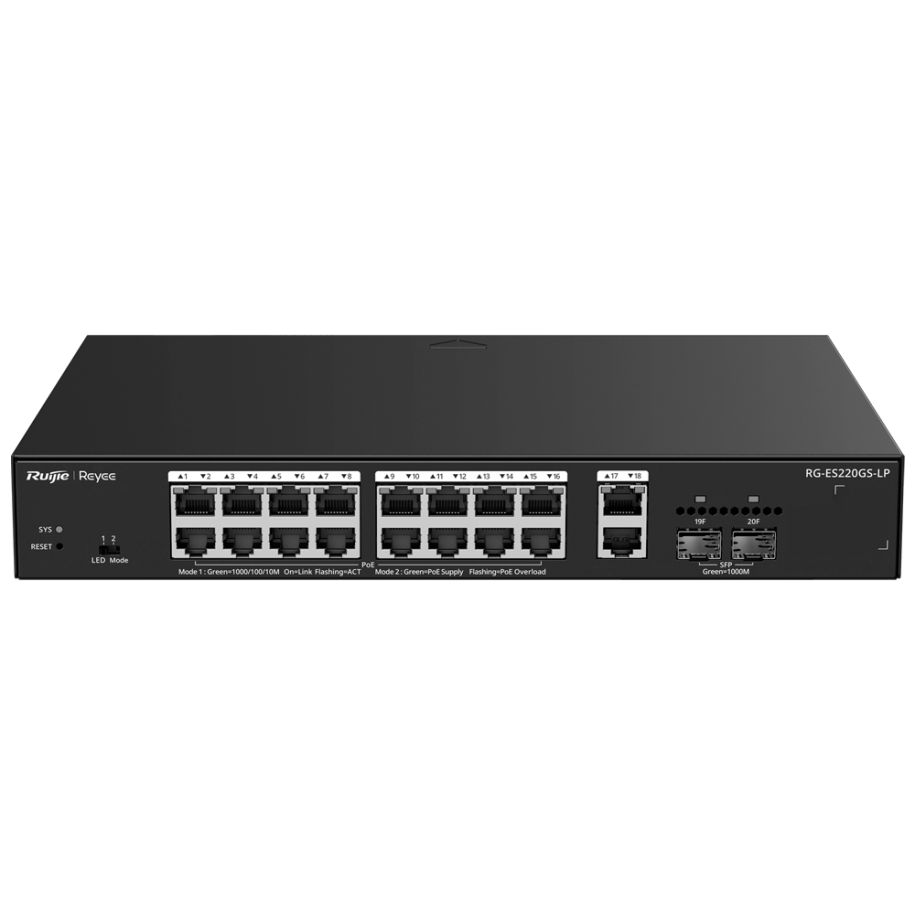 RUIJIE REYEE RG-ES220GS-P 16 PORT 100/1000 16 PORT POE 2 PORT UPLİNK GİGABİT 2 SFP 250W CLOUD YÖNETİLEBİLİR RACK MOUNT SWİTCH